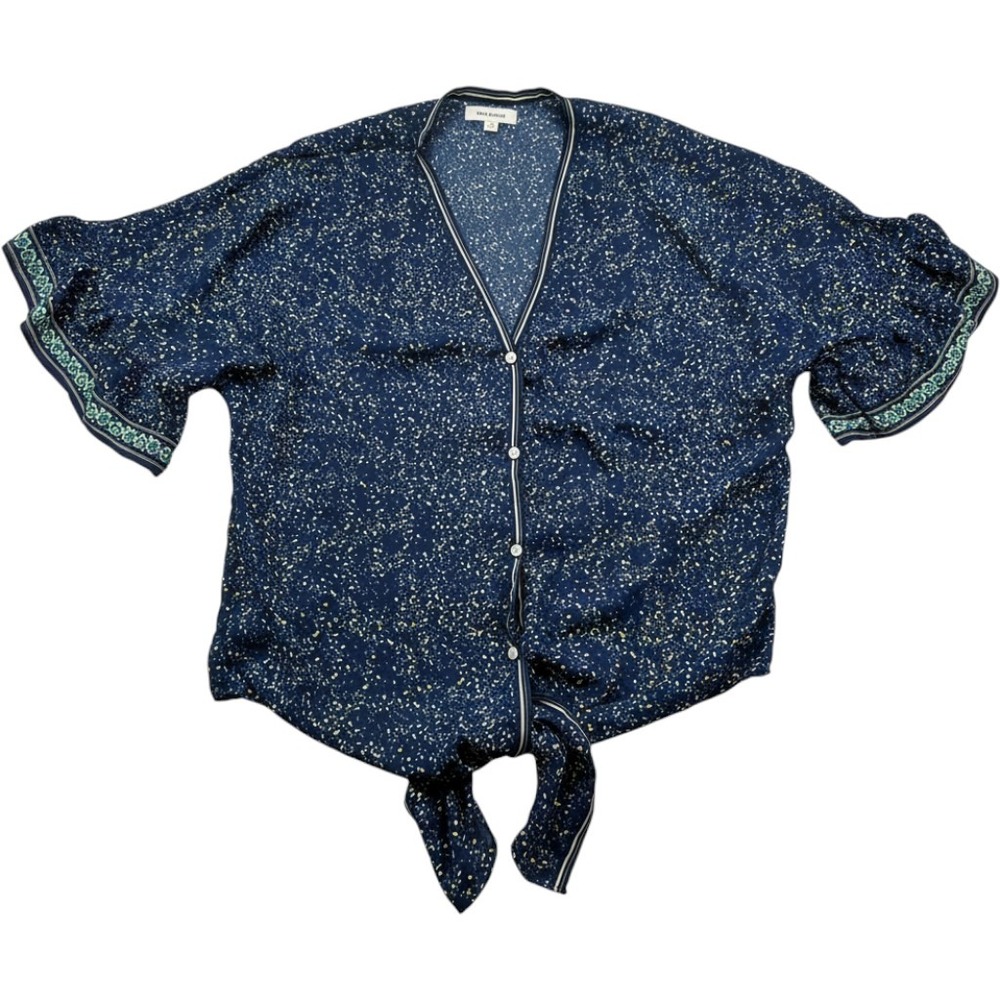 Max Studio Navy Confetti Print Tie Front Button Down Blouse Small A703D38